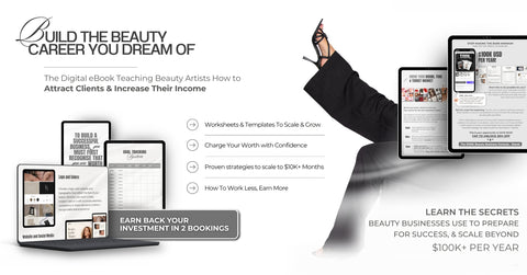 Carvd Academy $100K Beauty Formula eBook – digital product mockup showing course page hero section with headline 'Build the Beauty Career You Dream Of', key benefits including worksheets, pricing confidence, $10K months strategy, and tablet preview of ebook content