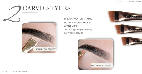 Carvd Academy brow tinting course showing two styles — sculpted effect and natural effect brows — using the viral Carvd sculpt technique taught in the online brow course