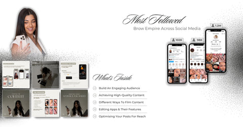 Carvd Academy Social Media Content eBook course page section – 'Most Followed Brow Empire Across Social Media' with 1.2M TikTok, 102K and 98K follower counts shown on phone mockups, ebook preview pages including Social Media Content, Choosing the Audio, Posting the Content, The Process, and Keeping Your Audience Engaged, with 'What's Inside' bullet points covering building an engaging audience, high-quality content, filming, editing apps, and optimising posts for reach