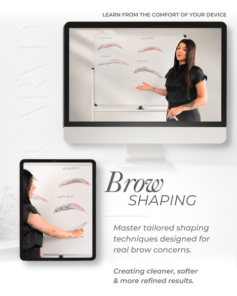 3 Methods Brow Shaping' featuring Fluffy Effect, String Technique, and Creative Technique, with three close-up brow mapping photos showing white string grid lines applied to client brows, and a desktop and tablet mockup of the educator teaching brow shaping at a whiteboard