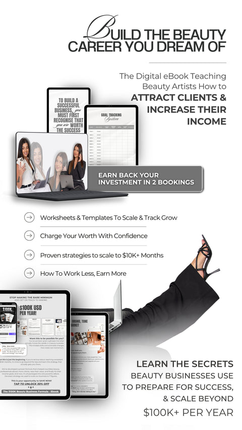 Carvd Academy $100K Beauty Formula eBook – digital product mockup showing course page hero section with headline 'Build the Beauty Career You Dream Of', key benefits including worksheets, pricing confidence, $10K months strategy, and tablet preview of ebook content