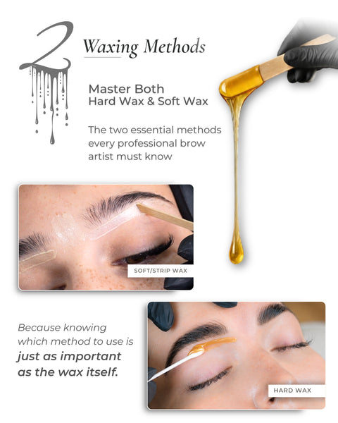 Carvd Academy brow waxing masterclass teaching hard wax and soft strip wax techniques — two essential brow shaping methods every professional brow artist must know