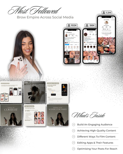 Carvd Academy Social Media Content eBook course page section – 'Most Followed Brow Empire Across Social Media' with 1.2M TikTok, 102K and 98K follower counts shown on phone mockups, ebook preview pages including Social Media Content, Choosing the Audio, Posting the Content, The Process, and Keeping Your Audience Engaged, with 'What's Inside' bullet points covering building an engaging audience, high-quality content, filming, editing apps, and optimising posts for reach
