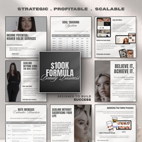 Carvd Academy $100K Beauty Business Formula ebook content — strategic and scalable beauty business guide covering income potential, goal tracking system, rate increase calendar, scaling beyond $10K, brand building, online presence optimisation and business mindset