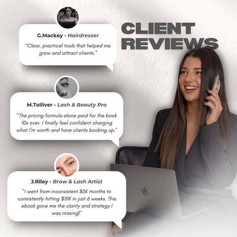 Carvd Academy $100K Beauty Business Formula ebook client reviews — beauty professionals including hairdressers, lash and brow artists sharing results from scaling their income and clientele using the $100K business formula