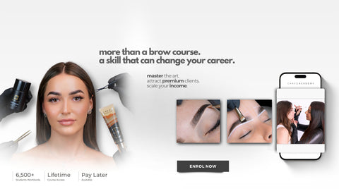 Carvd Academy online brow course promotional banner with model showcasing flawless shaped brows, brow tint and tools, enrol now call to action button and lifetime course access badge