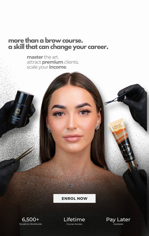 Carvd Academy online brow course promotional banner with model showcasing flawless shaped brows, brow tint and tools, enrol now call to action button and lifetime course access badge