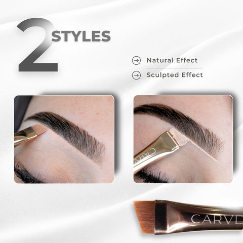 Carvd Academy Concealer Brow Sculpt tutorial — 2 brow sculpting styles demonstrated including Natural Effect for softly polished brows and Sculpted Effect for ultra-defined sharp brows using the Carvd concealer brush