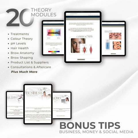 Carvd Academy Lamination, Dye and Tint Masterclass — 20 theory modules covering treatments, colour theory, pH levels, hair health, brow anatomy, brow shaping, product suppliers, consultations, aftercare plus bonus business, money and social media tips