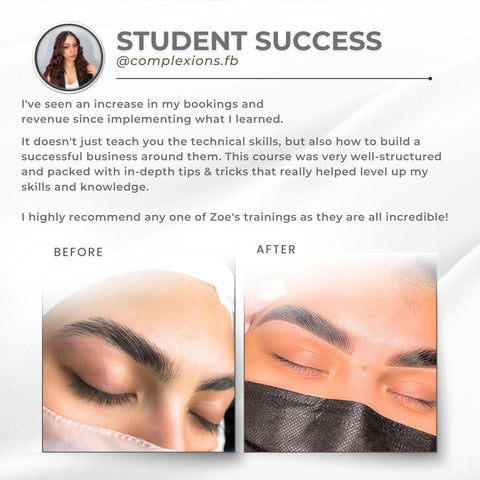 Carvd Academy student success story — brow lamination before and after results from student @complexions.fb showing increased bookings and revenue after completing the Lamination, Dye and Tint Masterclass