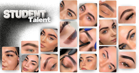 Student talent collage showcasing brow lamination and brow mapping results achieved by Carvd Academy students — featuring five real student brow transformations with defined, lifted and sculpted brows