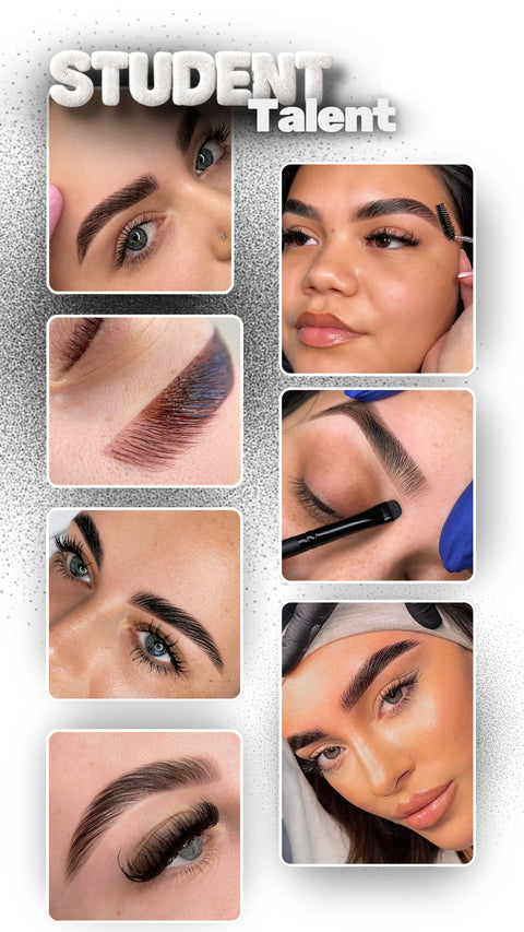 Student talent collage showcasing brow lamination and brow mapping results achieved by Carvd Academy students — featuring five real student brow transformations with defined, lifted and sculpted brows