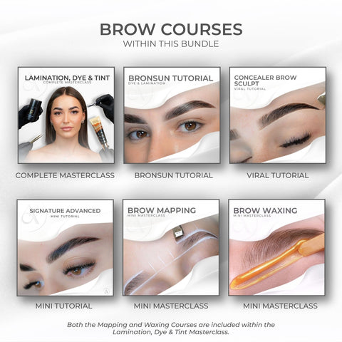 Carvd Academy Ultimate Brows and Business Course bundle — includes Lamination Dye and Tint Complete Masterclass, Bronsun Dye and Lamination Tutorial, Concealer Brow Sculpt Viral Tutorial, Signature Advanced Mini Tutorial, Brow Mapping Mini Masterclass and Brow Waxing Mini Masterclass
