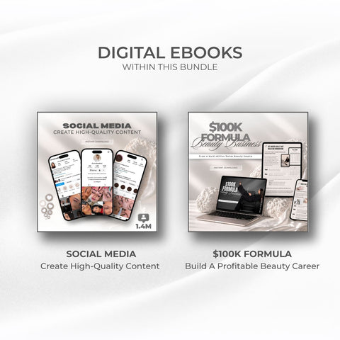 Carvd Academy Ultimate Brows and Business Course bundle digital ebooks — includes Social Media Content Ebook for creating high quality content to grow a 1.4 million follower audience and the $100K Beauty Business Formula Ebook for building a profitable beauty career